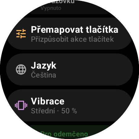 Nastavení ovladače Roku na chytrých hodinkách – Přemapovat tlačítka, Jazyk, Vibrace na 50 % a Pro odemčeno