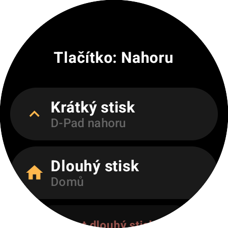Možnosti přemapování tlačítka Nahoru na chytrých hodinkách – samostatné akce Krátký stisk (D-Pad nahoru) a Dlouhý stisk (Domů)