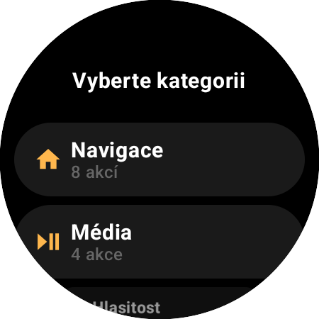 Seznam kategorií přemapování – Navigace s 8 akcemi a Média se 4