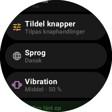 Indstillinger i Roku-fjernbetjeningen på et smartwatch – Tildel knapper, Sprog, Vibration på 50 % og Pro låst op