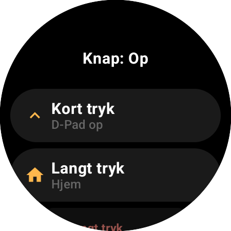 Tildelingsmuligheder for knappen Op på et smartwatch – separate handlinger for »Kort tryk« (D-Pad op) og »Langt tryk« (Hjem)