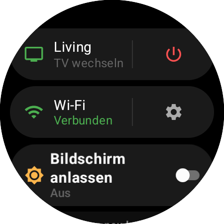 Uhrmenü mit dem aktiven Roku und der Verknüpfung „TV wechseln“ neben einer roten Ein/Aus-Taste