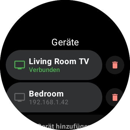Liste „Geräte“ von Roku Remote auf einer Wear-OS-Uhr – Living Room TV grün als verbunden, ein Roku namens Bedroom, über seine IP-Adresse gespeichert, und die Zeile „Gerät hinzufügen“