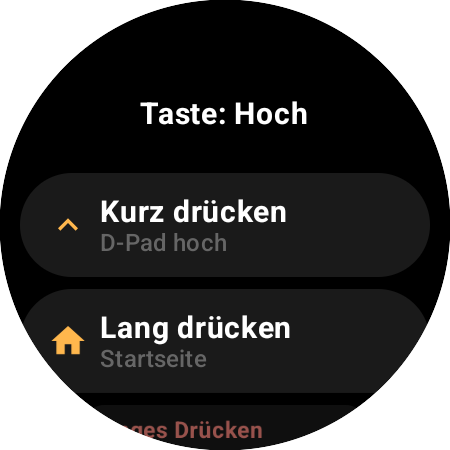 Belegung der Taste „Hoch“ auf einer Smartwatch – getrennte Aktionen für „Kurz drücken“ (D-Pad hoch) und „Lang drücken“ (Startseite)