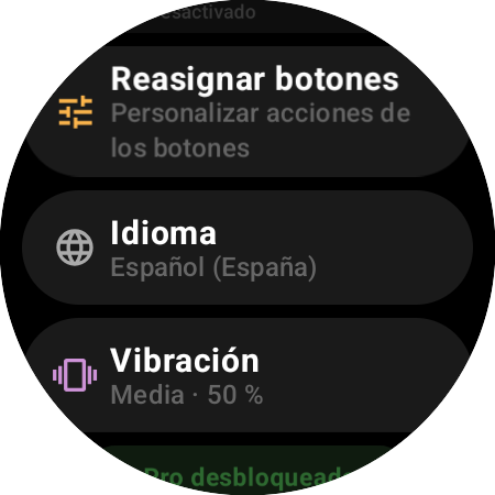 Ajustes del mando de Roku en un smartwatch: Reasignar botones, Idioma, Vibración al 50 % y Pro desbloqueado