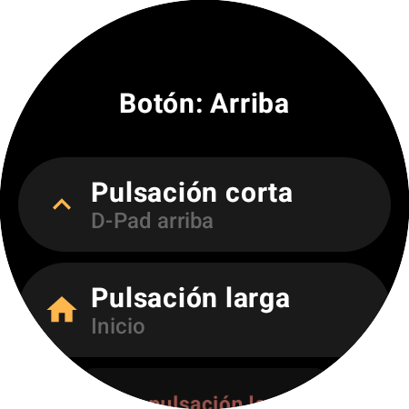 Opciones de reasignación del botón Arriba en un smartwatch: acciones distintas para Pulsación corta (D-Pad arriba) y Pulsación larga (Inicio)