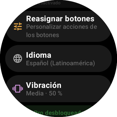 Configuración del control remoto Roku en un smartwatch: Reasignar botones, Idioma, Vibración al 50% y Pro desbloqueado