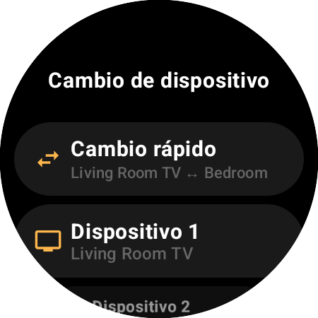 Pantalla Cambio de dispositivo con Cambio rápido para alternar entre Living Room TV y Bedroom, además de los espacios Dispositivo 1 y Dispositivo 2