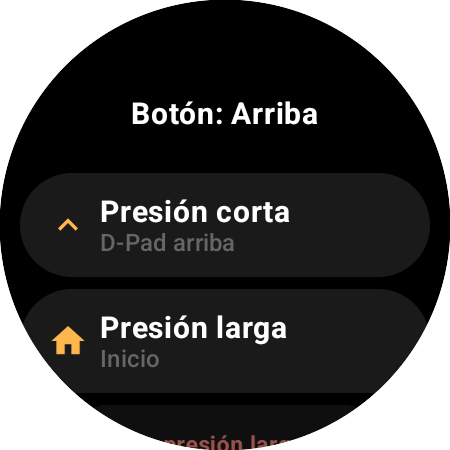 Opciones de reasignación del botón Arriba en un smartwatch: acciones distintas para Presión corta (D-Pad arriba) y Presión larga (Inicio)