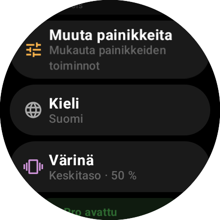 Roku-kaukosäätimen asetukset älykellossa – Muuta painikkeita, Kieli, Värinä 50 % ja Pro avattu
