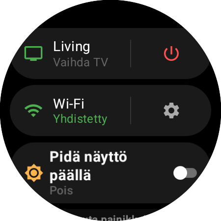 Kellon valikko, jossa aktiivinen Roku ja Vaihda TV -pikavalinta punaisen virtapainikkeen vieressä