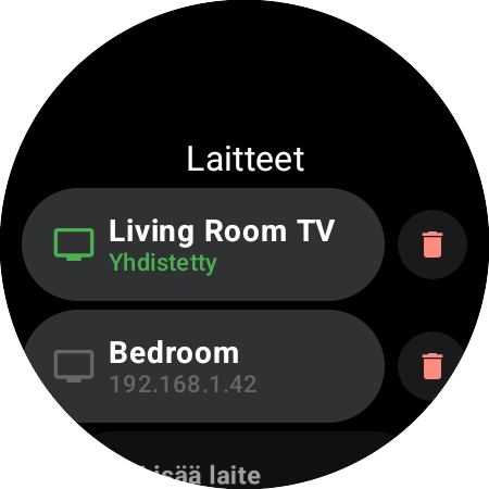 Roku Remoten Laitteet-luettelo Wear OS -kellossa – Living Room TV yhdistettynä (vihreä), Bedroom-Roku tallennettuna IP-osoitteellaan sekä Lisää laite -rivi