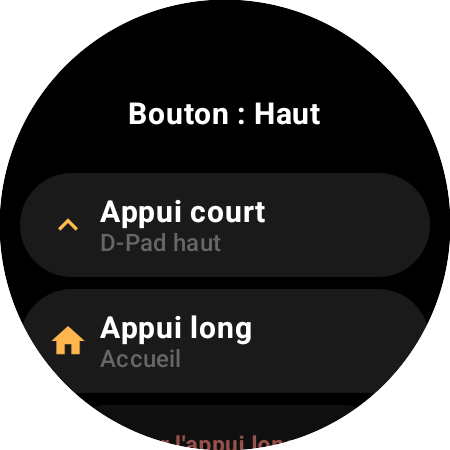 Options de réaffectation du bouton Haut sur une montre connectée : actions distinctes pour Appui court (D-Pad haut) et Appui long (Accueil)