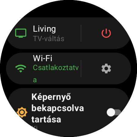 Az óra menüje az aktív Rokuval és TV-váltás parancsikonnal a piros bekapcsológomb mellett