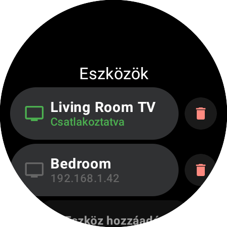 A Roku Remote Eszközök listája Wear OS-es órán – a Living Room TV zölden csatlakoztatva, egy „Bedroom” nevű Roku IP-címmel mentve, és egy Eszköz hozzáadása sor