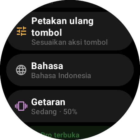Pengaturan remote Roku di smartwatch — “Petakan ulang tombol”, “Bahasa”, “Getaran” di 50%, dan “Pro terbuka”