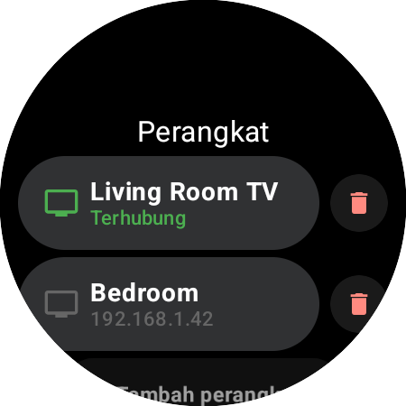 Daftar Perangkat Roku Remote di jam tangan Wear OS — Living Room TV terhubung (hijau), Bedroom Roku tersimpan dengan alamat IP-nya, dan baris “Tambah perangkat”
