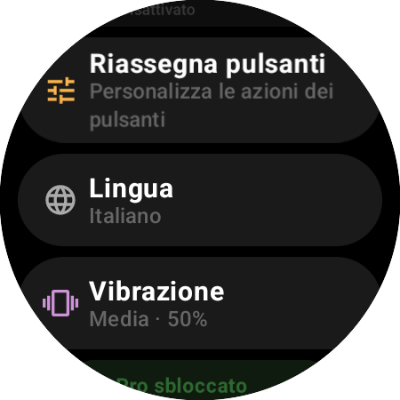 Impostazioni del telecomando Roku su uno smartwatch: Riassegna pulsanti, Lingua, Vibrazione al 50% e Pro sbloccato