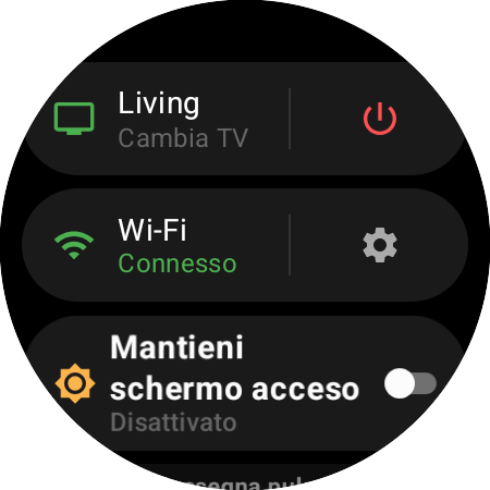 Menu dell’orologio con il Roku attivo e la scorciatoia Cambia TV accanto a un pulsante di accensione rosso