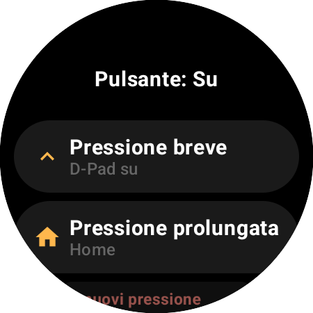 Opzioni di riassegnazione del pulsante Su su uno smartwatch: azioni separate per Pressione breve (D-Pad su) e Pressione prolungata (Home)