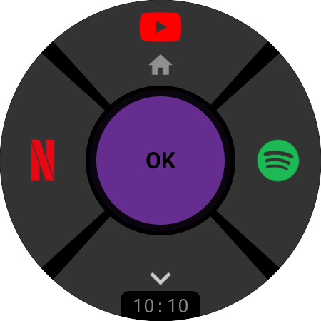 Akıllı saatte, ok tuşlarına YouTube, Netflix ve Prime Video simgeleri atanmış Roku kumandası D-pad'i