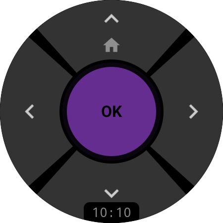 Akıllı saatte Roku kumandası — Wear OS saatte mor OK tuşlu yuvarlak D-pad, Ana ekran, yön okları ve saat