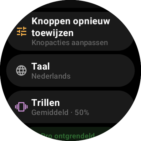 Instellingen van de Roku-afstandsbediening op een smartwatch – Knoppen opnieuw toewijzen, Taal, Trillen op 50% en Pro ontgrendeld