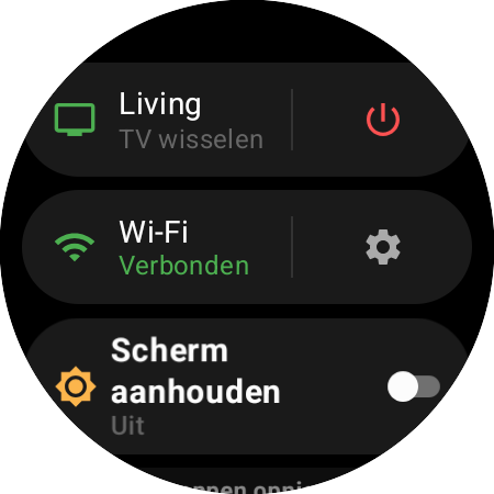 Horlogemenu met de actieve Roku en een snelkoppeling ‘TV wisselen’ naast een rode aan/uit-knop
