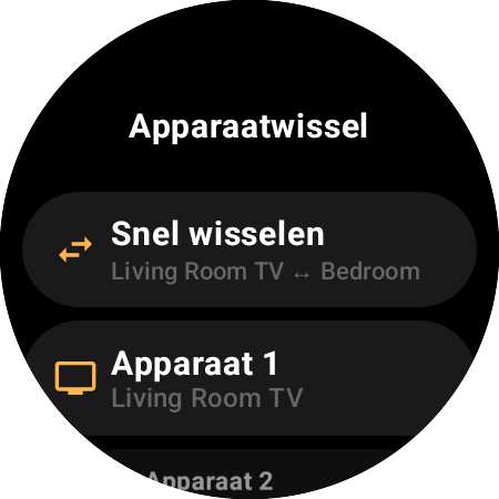 Scherm ‘Apparaatwissel’ met ‘Snel wisselen’ tussen Living Room TV en Bedroom, plus de plekken ‘Apparaat 1’ en ‘Apparaat 2’
