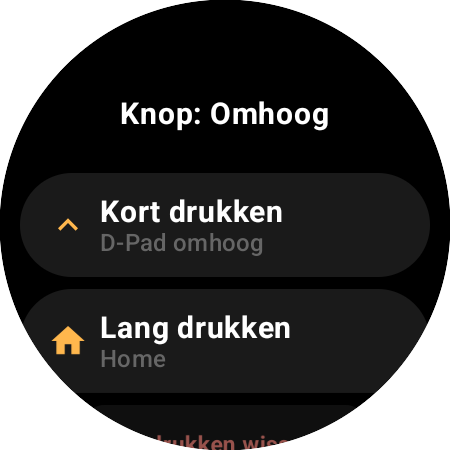 Toewijzingsopties voor de knop Omhoog op een smartwatch – aparte acties voor ‘Kort drukken’ (D-Pad omhoog) en ‘Lang drukken’ (Home)