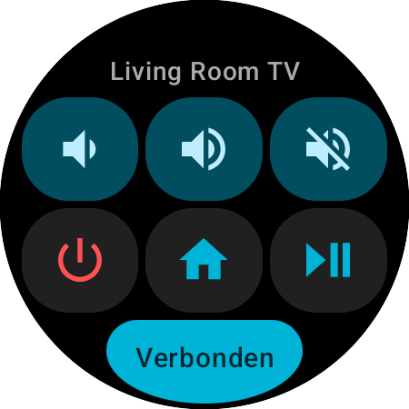 Snelle acties-tegel op Wear OS voor een Roku – Living Room TV, zes knoppen voor volume, dempen, aan/uit, Home en afspelen/pauzeren, en een statusknop ‘Verbonden’
