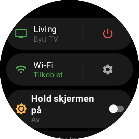 Klokkemenyen med den aktive Rokuen og snarveien Bytt TV ved siden av en rød av/på-knapp