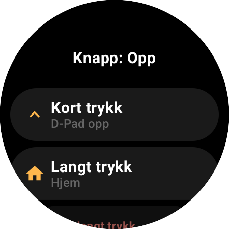Tilordning for Opp-knappen på en smartklokke – egne handlinger for Kort trykk (D-Pad opp) og Langt trykk (Hjem)