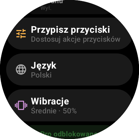 Ustawienia pilota do Roku na smartwatchu – Przypisz przyciski, Język, Wibracje na 50% i Pro odblokowane