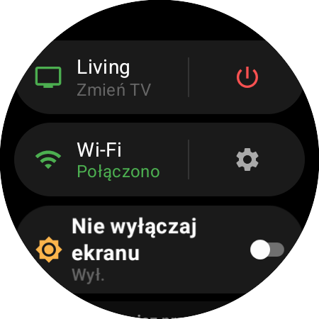 Menu zegarka z aktywnym Roku i skrótem Zmień TV obok czerwonego przycisku zasilania