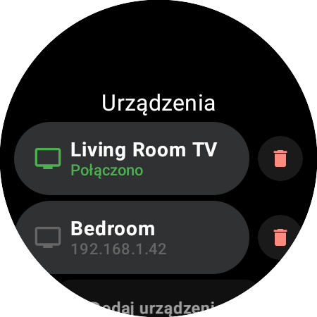 Lista Urządzenia w Roku Remote na zegarku Wear OS – Living Room TV połączony (na zielono), Roku Bedroom zapisane z adresem IP i wiersz Dodaj urządzenie