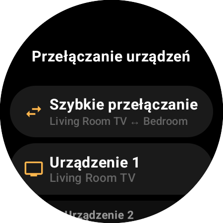 Ekran Przełączanie urządzeń z opcją Szybkie przełączanie między Living Room TV a Bedroom oraz polami Urządzenie 1 i Urządzenie 2