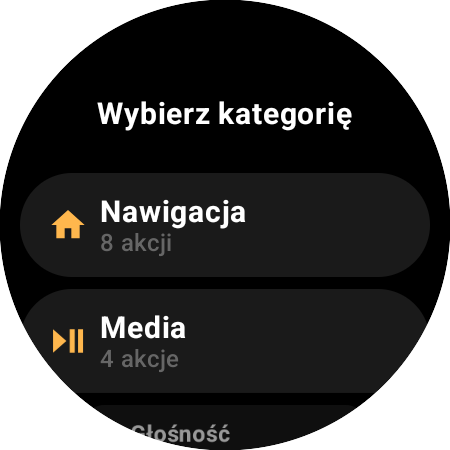 Lista kategorii przypisywania – Nawigacja z 8 akcjami i Media z 4