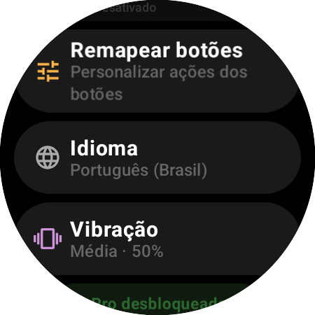 Configurações do controle remoto Roku em um smartwatch — Remapear botões, Idioma, Vibração em 50% e Pro desbloqueado