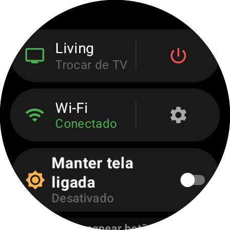 Menu do relógio com o Roku ativo e o atalho Trocar de TV ao lado de um botão liga/desliga vermelho
