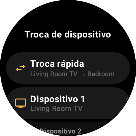 Tela Troca de dispositivo com a Troca rápida alternando entre Living Room TV e Bedroom, além dos espaços Dispositivo 1 e Dispositivo 2