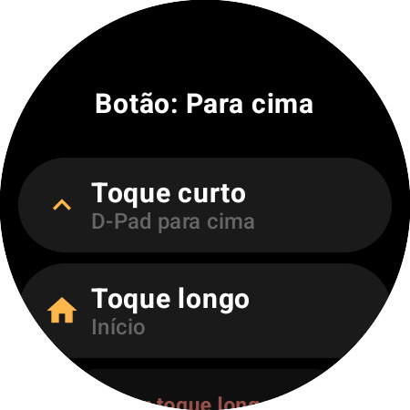 Opções de remapeamento do botão Para cima em um smartwatch — ações separadas de Toque curto (D-Pad para cima) e Toque longo (Início)