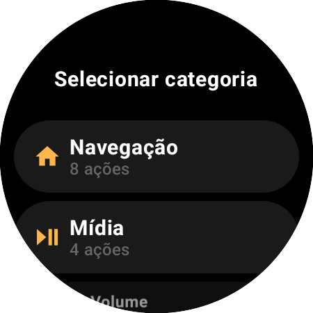 Lista de categorias do remapeamento — Navegação com 8 ações e Mídia com 4
