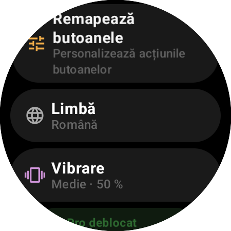 Setările telecomenzii Roku pe un ceas smart – Remapează butoanele, Limbă, Vibrare la 50% și Pro deblocat