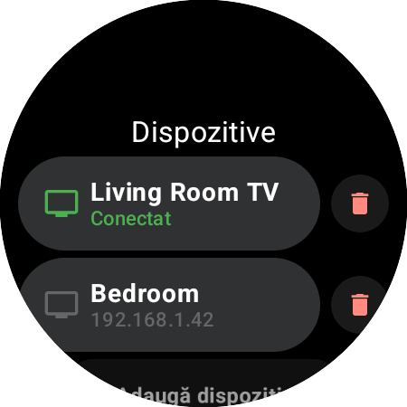 Lista Dispozitive din Roku Remote pe un ceas Wear OS – Living Room TV conectat, în verde, un Roku Bedroom salvat după adresa IP și rândul Adaugă dispozitiv