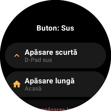 Opțiunile de remapare pentru butonul Sus pe un ceas smart – acțiuni separate pentru Apăsare scurtă (D-Pad sus) și Apăsare lungă (Acasă)