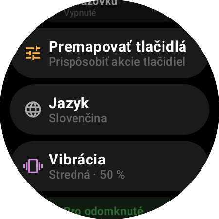 Nastavenia ovládača Roku na smart hodinkách – Premapovať tlačidlá, Jazyk, Vibrácia na 50 % a Pro odomknuté