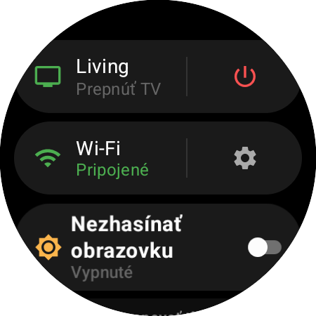 Ponuka hodiniek s aktívnym Roku a skratkou Prepnúť TV vedľa červeného tlačidla napájania