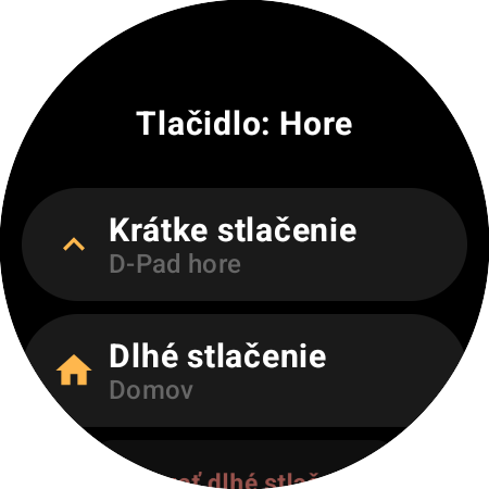 Možnosti premapovania tlačidla Hore na smart hodinkách – samostatné akcie Krátke stlačenie (D-Pad hore) a Dlhé stlačenie (Domov)