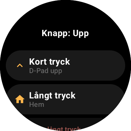 Tilldelning för knappen Upp på en smartklocka – separata åtgärder för Kort tryck (D-Pad upp) och Långt tryck (Hem)